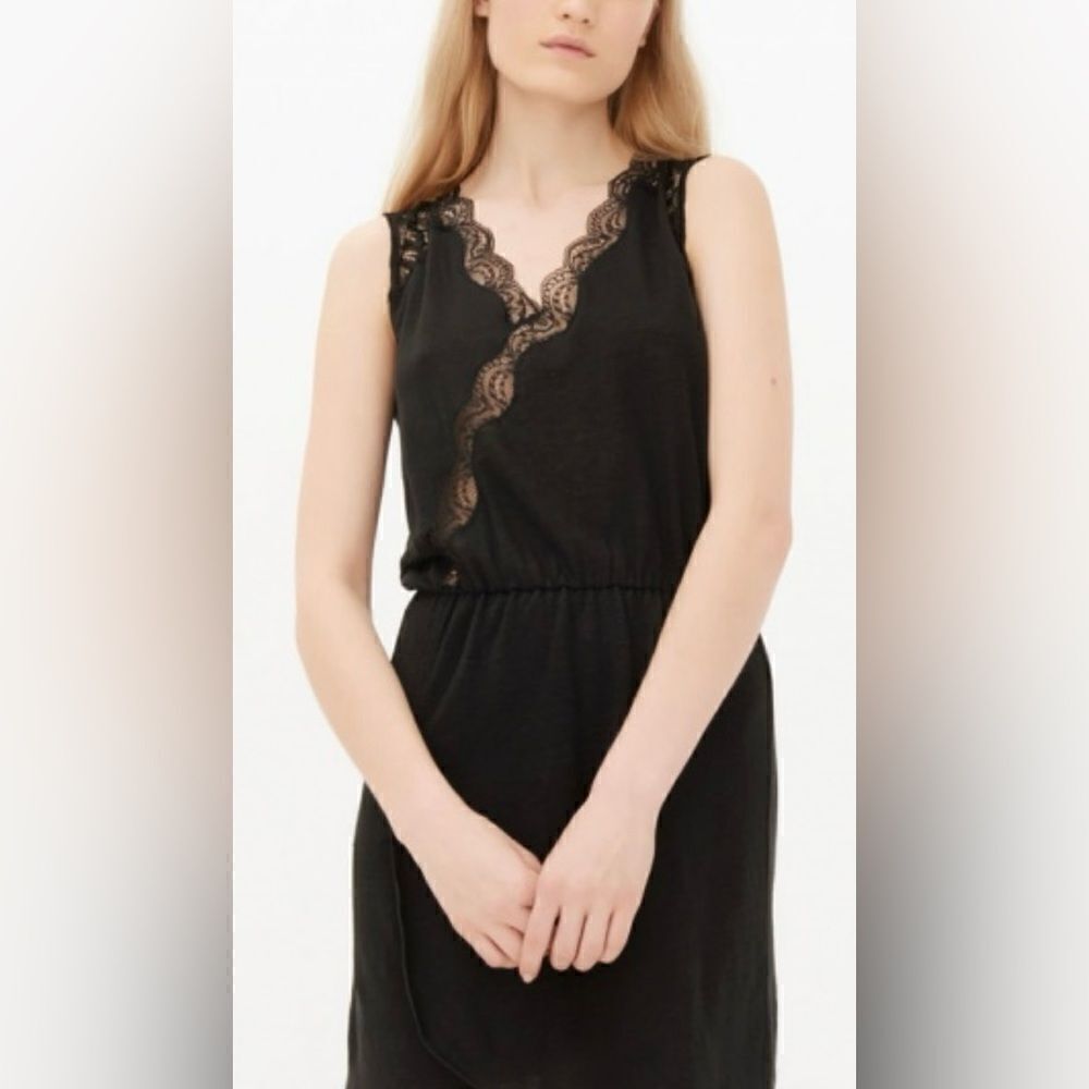Sandro Paris Black Rainy Lace Trim & Linen Casual Dress
